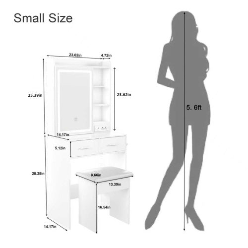 Bezzze Small Makeup Vanity Desk with Mirror & Adjustable LED Lights,Built-in Power Outlet & Hidden Storage, Includes padded stool & Shelf,Space-Saving Dressing Table for Small Bedrooms,White